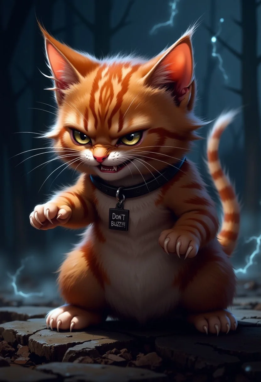 score_9, score_8_up, score_7_up,
plump, crimson kitten, wearing a collar with a tag, ((tag reads "Don't Buzz!!")),
(puffed up kitten, angry kitten), electrified fur, hissing, attack kitten, thick fluffy fur, long ears, chest tuft, perfect feline eyes, perfect paws with (long sharp claws), smooth detailed snout, night time, stormy night, outdoors
high resolution, detailed, 4k, realism, rule of thirds, golden ratio, depth of field,