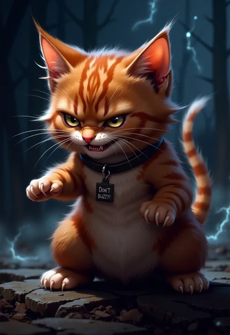 score_9, score_8_up, score_7_up,
plump, crimson kitten, wearing a collar with a tag, ((tag reads "Don't Buzz!!")),
(puffed up kitten, angry kitten), electrified fur, hissing, attack kitten, thick fluffy fur, long ears, chest tuft, perfect feline eyes, perfect paws with (long sharp claws), smooth detailed snout, night time, stormy night, outdoors
high resolution, detailed, 4k, realism, rule of thirds, golden ratio, depth of field,