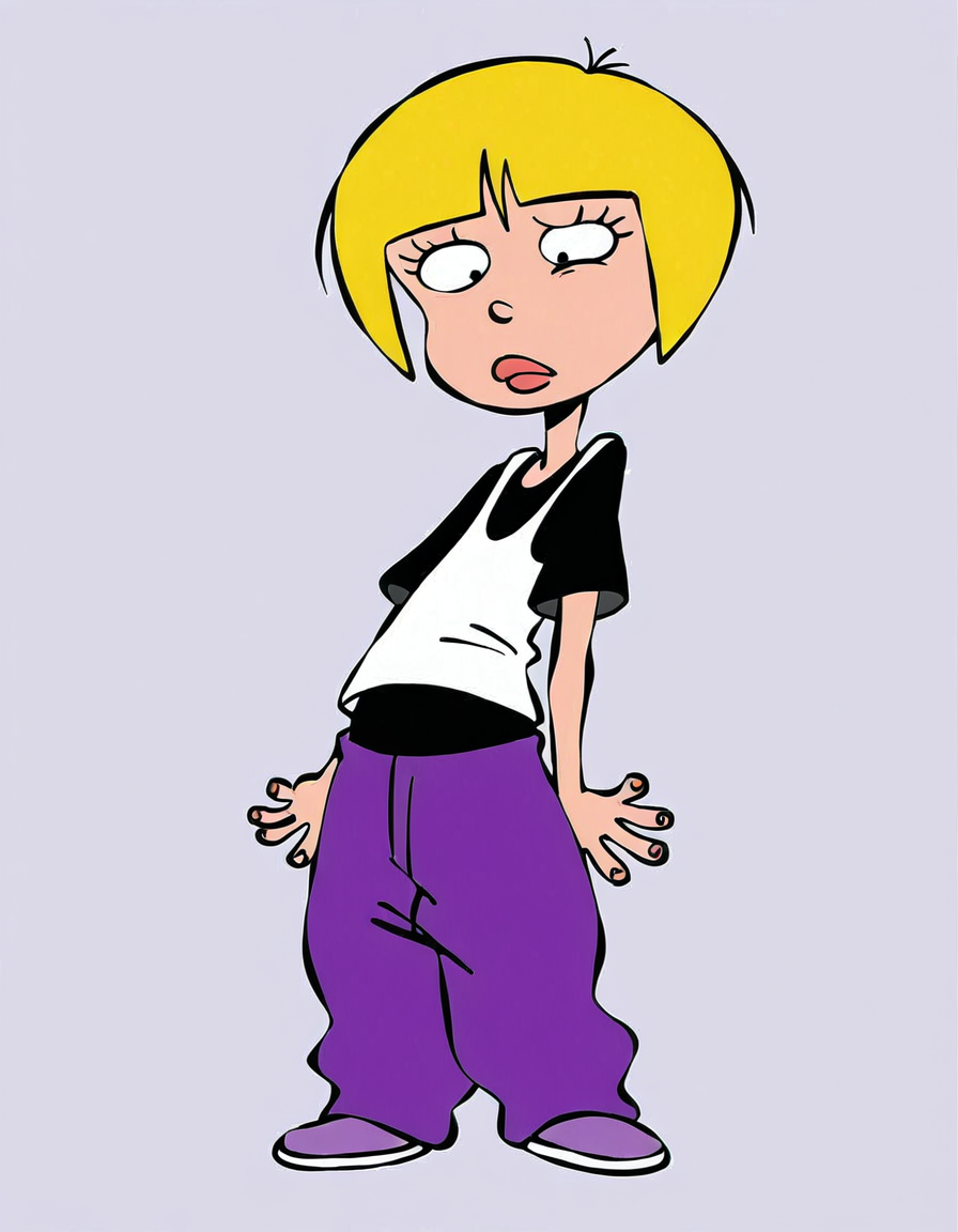 nazz,blonde hair, short hair, 1girl, shirt, solo,, pants, t-shirt purple pants,   <lora:NazzIllustrious1.0JLFO:1> simple background,, looking at viewer,full body,