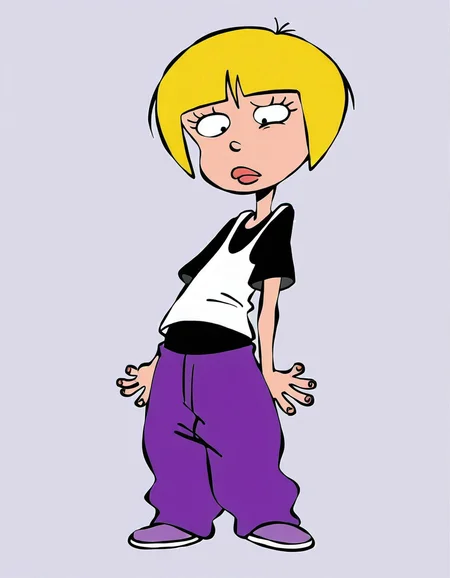 nazz,blonde hair, short hair, 1girl, shirt, solo,, pants, t-shirt purple pants, <lora:NazzIllustrious1.0JLFO:1> simple background,, looking at viewer,full body,
