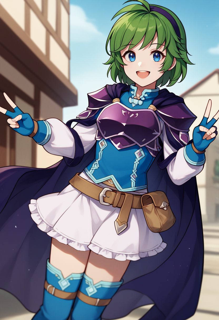 score_9, score_8_up, score_7_up, source_anime BREAK 1girl, solo, standing, looking at viewer, smile, open mouth, <lora:nino-fe-richy-v1_pdxl:1> ninopf, blue eyes, green hair, short hair, antenna hair, purple hairband, blue shirt, white sleeves, long sleeves, purple breastplate, purple shoulder armor, purple cape, white skirt, brown belt, belt pouch, blue gloves, fingerless gloves, blue thigh boots, double v
