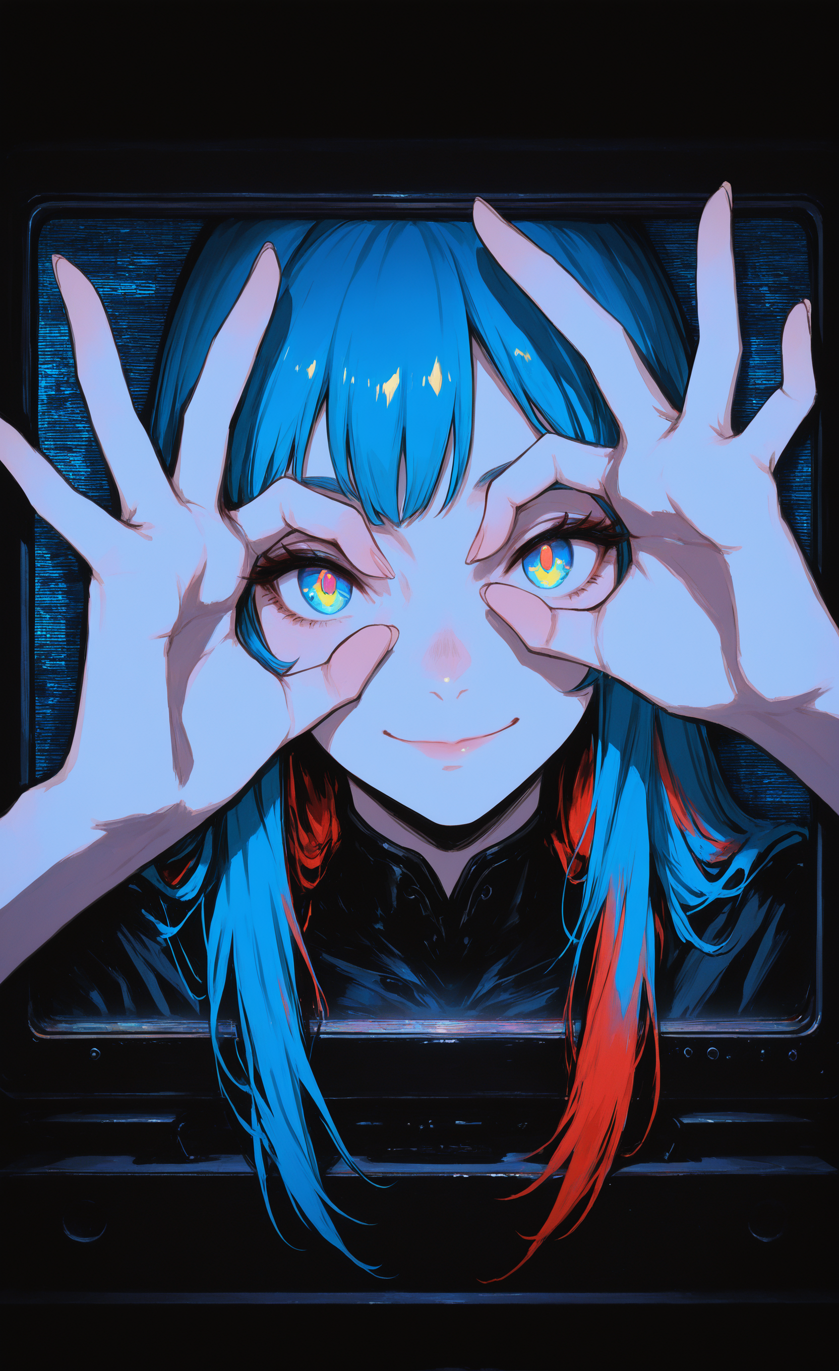 masterpiece, best quality, good quality, very awa, very aesthetic, absurdres, newest,1girl, blue eyes, blue hair, closed mouth, double ok sign, hand glasses, hands up, long hair, looking at viewer, multicolored eyes, multicolored hair, ok sign, ok sign over eye, portrait, red hair, smile, solo, television, yellow pupils, dark_fantasy_style, dark fantasy, retro, <lora:ponyv6_noobV1_2_adamW-000017:0.7> <lora:USNR_STYLE_XL_lokr:0.45> <lora:EtherSDXL:0.15> <lora:dark_fantasy_anime_illustriousXL:0.4>