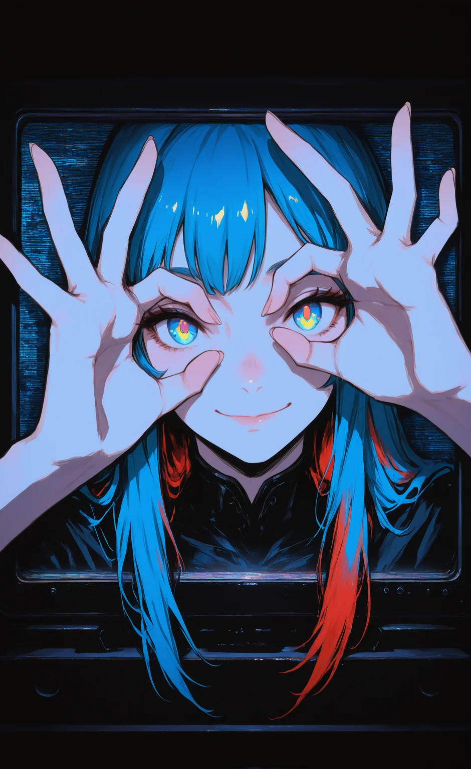 masterpiece, best quality, good quality, very awa, very aesthetic, absurdres, newest,1girl, blue eyes, blue hair, closed mouth, double ok sign, hand glasses, hands up, long hair, looking at viewer, multicolored eyes, multicolored hair, ok sign, ok sign over eye, portrait, red hair, smile, solo, television, yellow pupils, dark_fantasy_style, dark fantasy, retro, <lora:ponyv6_noobV1_2_adamW-000017:0.7> <lora:USNR_STYLE_XL_lokr:0.45> <lora:EtherSDXL:0.15> <lora:dark_fantasy_anime_illustriousXL:0.4>