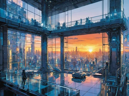 masterpiece, best quality,
<lora:gits_style:0.6>,
gits95,
fancy interior, glass facade, cityscape background, futuristic, art by masamune shirow, ghost in the shell artstyle, breathtaking, sunset