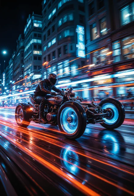 A custom-built hovercraft crafted from a repurposed aircraft turbine speeding through the neon-lit streets of a sprawling cyberpunk city. The turbine, stripped to its gleaming metallic core, hums with raw power, its thrusters glowing with an intense blue light as it hovers effortlessly above the ground. A minimalist seat is mounted atop the turbine, where a shadowy rider dressed entirely in black, including a featureless helmet, controls the vehicle with precision. The machine's rugged yet futuristic design stands out, with exposed cables and glowing energy lines accentuating its industrial aesthetic. Racing through the vibrant chaos, the craft leaves a shimmering trail of heat distortion and sparks, blending innovation with raw, unbridled speed.,d0ntst0pm3n0w, <lora:Dont_Stop_Me_Now.safetensors:0.8>,  <lora:DarkCore-000003.safetensors:1.0>,  <lora:arti_monopencildrawing_v01-000008.safetensors:0.5>,  <lora:aidmaGLOW-FLUX-V0.1.safetensors:0.5>,