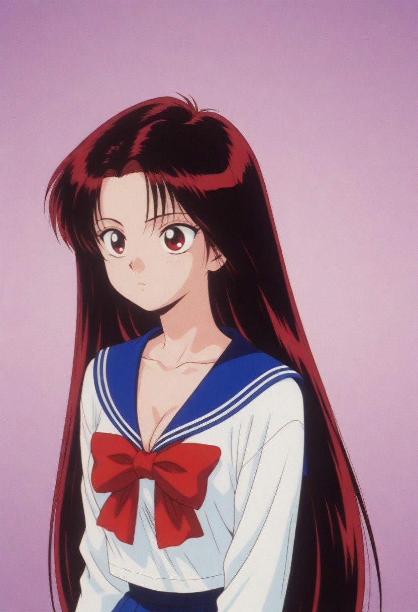 masterpiece, best quality, amazing quality,,,,<lora:izunaIL:0.8>1girl,Haduki_IzunaPO,1990s \(style\),retro artstyle, red eyes,black hair,red hair,very long hair,cleavage,collarbone, school uniform,serafuku,shirt,white shirt,blue sailor collar,bowtie,red bowtie,