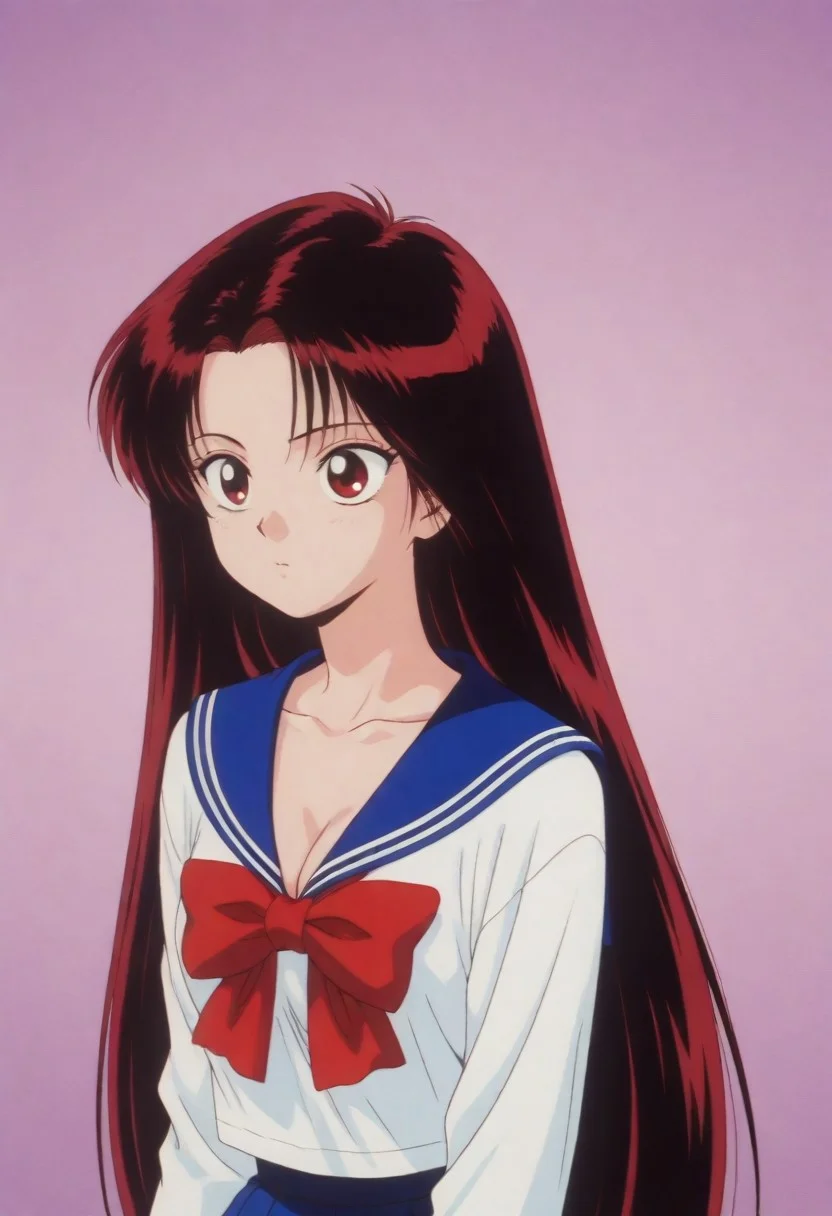 masterpiece, best quality, amazing quality,,,,<lora:izunaIL:0.8>1girl,Haduki_IzunaPO,1990s \(style\),retro artstyle, red eyes,black hair,red hair,very long hair,cleavage,collarbone, school uniform,serafuku,shirt,white shirt,blue sailor collar,bowtie,red bowtie,
