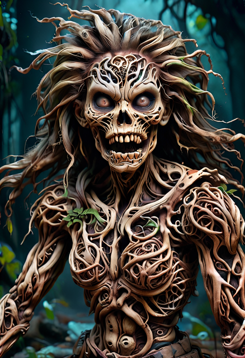PG-TR,Hyperrealistic, horror theme, rotting undead Amazoness warrior with skeletal makeup, very tall and muscular, tribal tattoo, decaying beauty, high detail, dynamic composition, intricate textures, fierce expression, in action pose, dark surrounding, low light, nighttime setting, realistic shadows, ethereal, flowing hair, strong and decayed, wearing skeletal armor, jungle background, confident and menacing, ultra-quality, expressive eyes, detailed skeletal makeup, thick fog, light particles shining from the moonlight, horror style, eerie atmosphere, jumpscare element, ghostly apparitions, rotting flesh, menacing