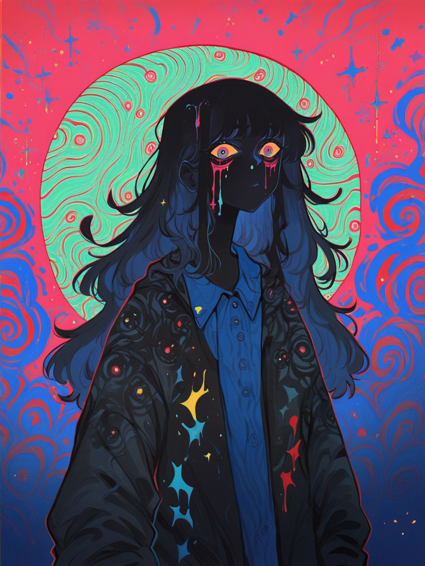 score_9, score_8_up, score_7_up, score_6_up, score_5_up, score_4_up,   <lora:f3nn3rXLP:0.9> f3nn3r, 1girl, colourful, pink, blue, black, red, trippy, long hair, eyes
