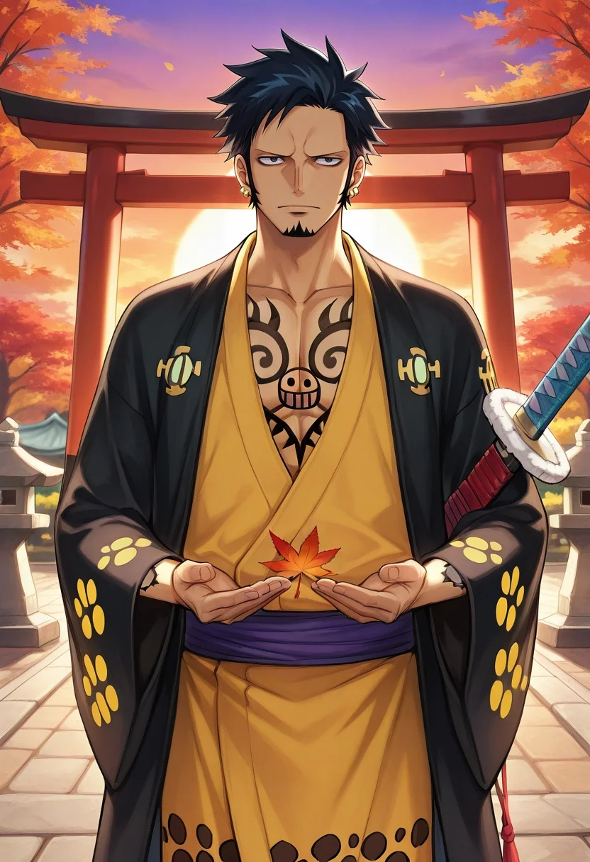 masterpiece, best quality, , (3d:0.4), , 1boy, solo, male focus, <lora:law_trafalgar_ilxl:0.96>, law_trafalgar, black hair, black eyes, short hair, facial hair, sideburns, long sideburns, goatee, , earrings, wano country arc, weapon, sword, sheathed, holding weapon, autumn shrine, maple trees, stone lanterns, leaf-covered path, offering pose, respectful expression, sunset, ,