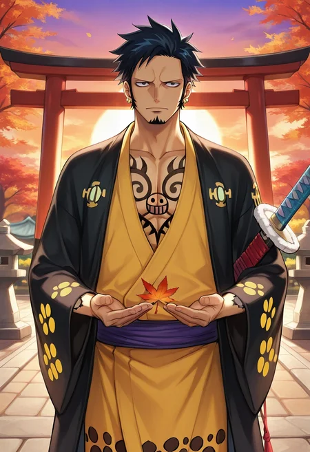 masterpiece, best quality, , (3d:0.4), , 1boy, solo, male focus, <lora:law_trafalgar_ilxl:0.96>, law_trafalgar, black hair, black eyes, short hair, facial hair, sideburns, long sideburns, goatee, , earrings, wano country arc, weapon, sword, sheathed, holding weapon, autumn shrine, maple trees, stone lanterns, leaf-covered path, offering pose, respectful expression, sunset, ,