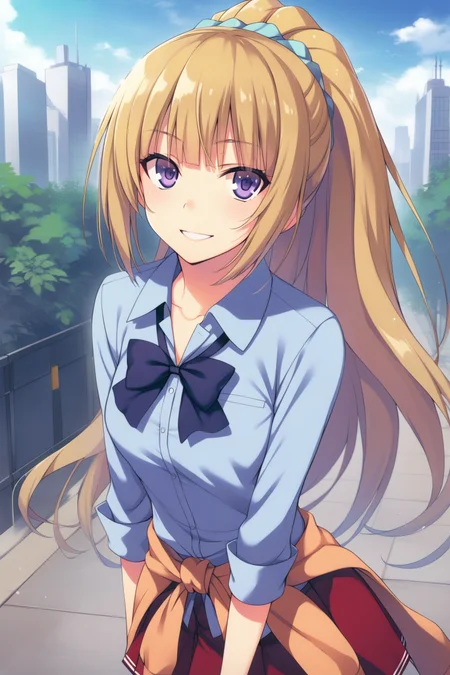 <lora:YoujitsuNovelStyleMasterpiece_AnimagineXLV3-000020:0.6:lbw=sdxloutall>youjitsu,  <lora:KaruizawaJitsukyo_AnimagineXLV3-000030:0.4> karuizawa, 1girl, blonde hair, ponytail, , hair scrunchie, blunt bangs, purple eyes, blue shirt, collared shirt,bowtie, clothes around waist, pleated skirt, red skirt,
looking at viewer, outdoors, smile,, masterpiece,best quality,