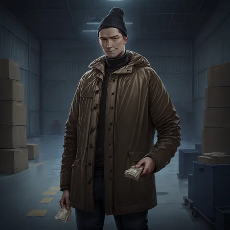 highres, hi res, best quality, masterpiece, intricate details, absurdres, 4k, semi realistic, very aesthetic, great lighting, detailed face, very aesthetic, great lighting, eft_char, 1boy, solo, brown hair, short hair, brown eyes, winter coat, black jeans, black beanie, smirk, standing, holding money, cowboy shot, looking at viewer, warehouse, <lora:TarkovArtsStyle:1>