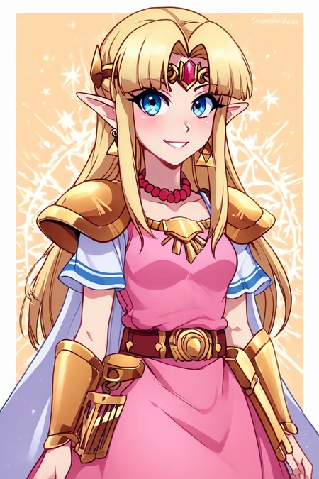 score_9, score_8_up, score_8, medium breasts, (curvy), cute, eyelashes,       BREAK, , zzUZelda, blonde hair, jewelry, dress, pink tabard, triforce, circlet, armor, earrings, necklace, shoulder armor, tiara, <lora:UltimatePrincessZelda_PDXL_v1:0.8>,, BREAK, smile, looking at viewer, cowboy shot, embedding:zPDXL, Expressiveh, <lora:PrismaIllya_PDXL_v3:1.0>,  <lora:SDXLFaeTastic2400:0.5>,  <lora:Expressive_H-000001:0.4>,