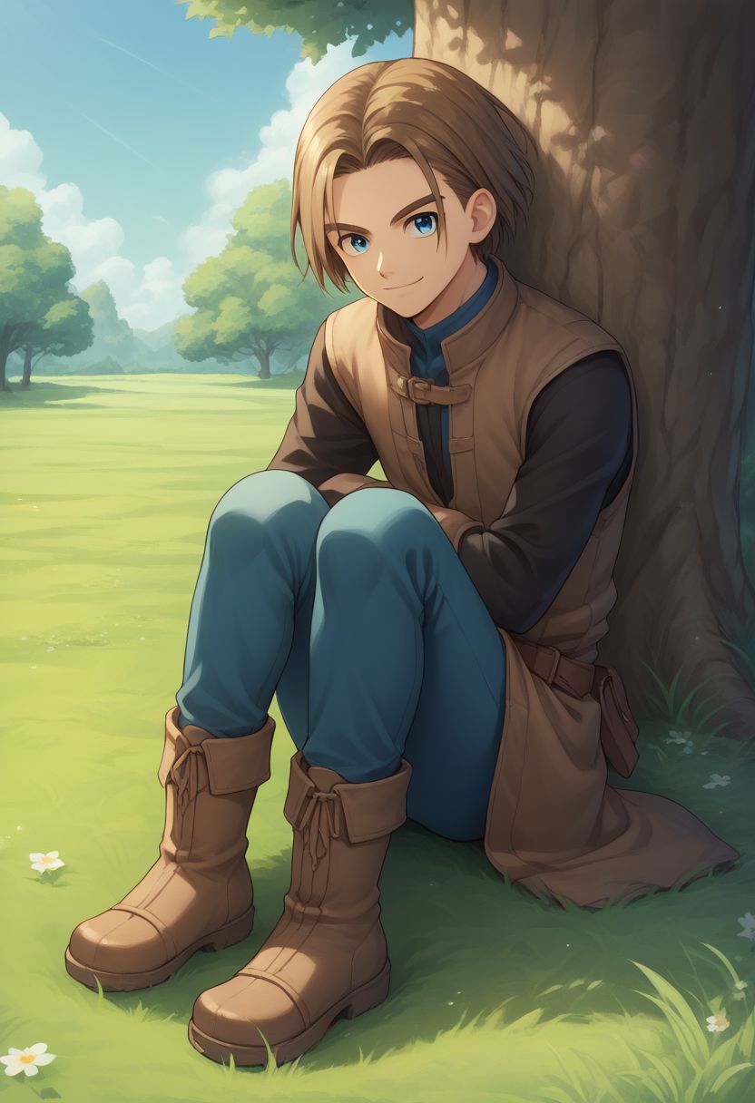 score_9, score_8_up, score_7_up, source_anime, highly detailed, 1boy, solo, male_focus, 
hero, solo, 1boy, male focus,  brown hair, blue eyes, boots, medium hairs,
outdoor, grass, tree, smile,