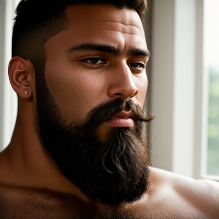 RAW photo, absurdres, high quality, photorealistic,
a close up portrait of a man, muscular, beard, detailed skin, brown skin,
indoors, window, sunlight, 8k uhd, dslr, film grain