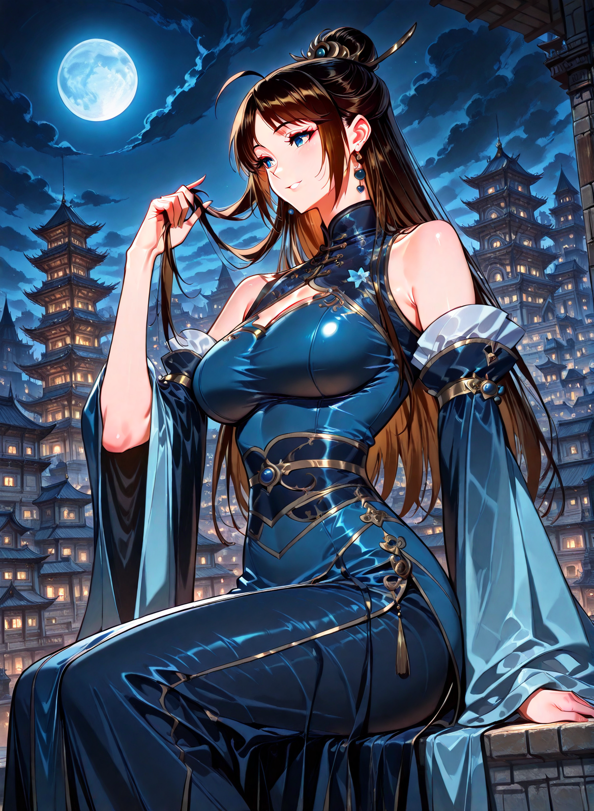<lora:Xiao_Ruoyin__I_am_the_Fated_Villain__Illustrious:1>
1 girl, solo, blue eyes, long hair, brown hair, black hair, hair bun, ahoge, big breasts
chinese clothes, blue dress, detached sleeves, jewelry, earrings, hair ornament, bare shoulders
score_9, score_8_up, score_7_up, very aesthetic, source_anime, detailed, high quality, beautiful, masterpiece, detailed eyes, castle, village, blurry background, cityscape, pose dynamic angle, light smile, open mouth, hand on hair, sitting, night, blue moon, <lora:iLLMythG0thicL1nes:1>