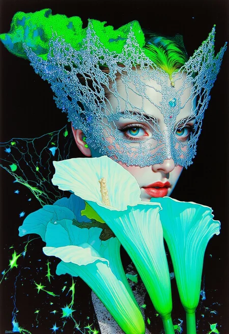 A high-resolution ArsMJStyle, colored pencil hyper-detailed realism close-up captures a woman in an upper-torso, angled side view, wearing an avant-garde symmetrical mask of finely woven netting with shimmering toxic green accents. The mask is outlined with intricate, iridescent silver embroidery, its delicate patterns enhancing the ethereal elegance. Scattered glitters catch the light, creating a mesmerizing, shifting sparkle. A surreal calla lily, with petals glowing in electric cyan and radioactive yellow, partially obscures her face, forming a striking contrast against the deep shadows of the mask. Her intense gaze, visible through the veil of netting, exudes mystery and depth. Soft, dynamic lighting accentuates the textures, casting fragmented highlights across the embroidery and the flower’s luminescent surface. The composition, shot from a dramatic side angle, highlights the intricate detailing of her attire and accessories while creating a visually immersive balance between avant-garde couture and surreal beauty.