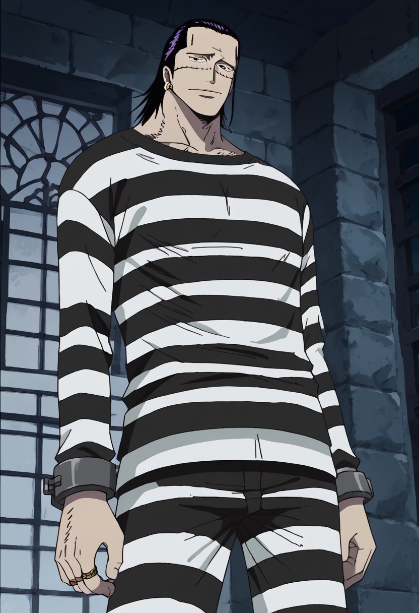 score_9, score_8_up, score_7_up, source_anime, rating_safe, CrocodileOP, black-purple_Croco_hair, Croco_scar across face, yellow_Croco_single earring, black eyes, 1boy, male focus, anime screencap, black-white_Croco_shirt, black-white_Croco_pants, grey prison cuffs