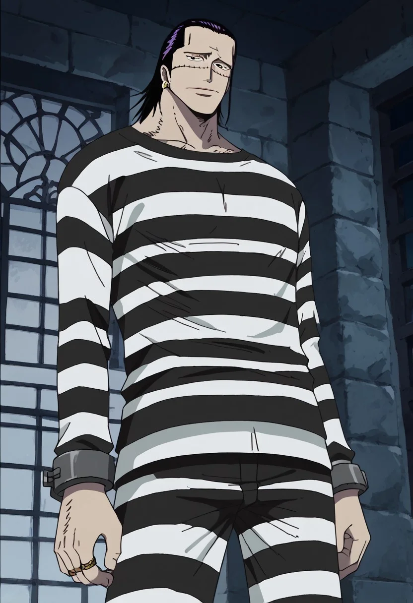 score_9, score_8_up, score_7_up, source_anime, rating_safe, CrocodileOP, black-purple_Croco_hair, Croco_scar across face, yellow_Croco_single earring, black eyes, 1boy, male focus, anime screencap, black-white_Croco_shirt, black-white_Croco_pants, grey prison cuffs