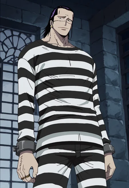 score_9, score_8_up, score_7_up, source_anime, rating_safe, CrocodileOP, black-purple_Croco_hair, Croco_scar across face, yellow_Croco_single earring, black eyes, 1boy, male focus, anime screencap, black-white_Croco_shirt, black-white_Croco_pants, grey prison cuffs