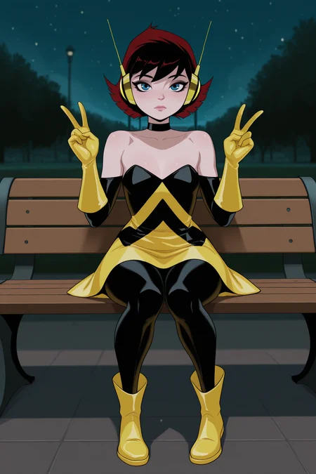 masterpiece, best quality, amazing quality, 1girl, th3w4sp, short hair, red hair, black hair, blue eyes, makeup, headphones, dress, yellow gloves, strapless dress, pantyhose, yellow footwear, black choker, double v, aesthetic, night, partially illuminated, outdoors, sitting, park bench