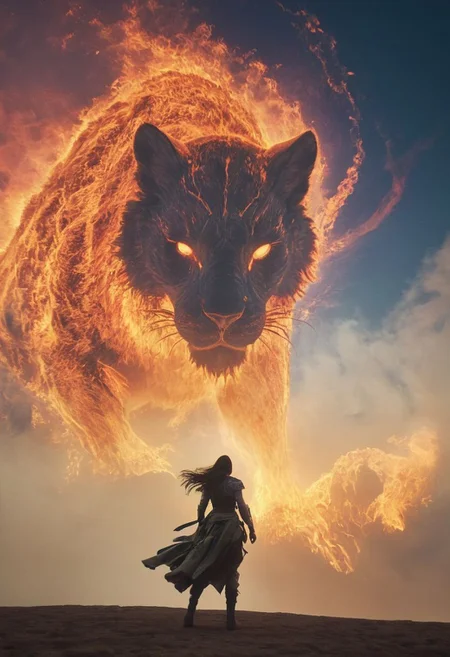 Bosstyle, a Woman fighting a giant loin-kite Boss By Wes Anderson and HR Giger: Capture the essence of nostalgia and color in this vintage photograph of a kite festival. Dominating the scene is a meticulously detailed, translucent multicolored fire-lion-kite, adorned with vibrant patterns, blending seamlessly with its surroundings. Its long tail, composed of intricately woven ribbons in a spectrum of colors, trails behind, adding to the spectacle of the moment. Amidst the quietude of the night, its presence exudes a sense of ancestral strength and resilience. Behind it, the low-toned hues of the Milky Way cast a mesmerizing backdrop, a cosmic tapestry weaving tales of both past and future. In this moment, the convergence of tradition and technology, of ancient wisdom and industrial progress, hangs palpably in the air. In the depths of this nocturnal tableau lies the promise of epic tales yet untold, where the spirit of the Indianer melds seamlessly with the diesel-powered pulse of a world in flux.