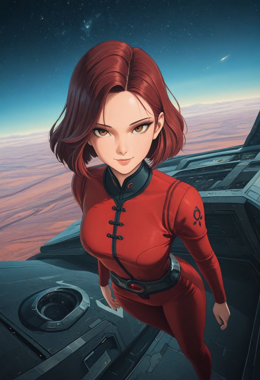 masterpiece, best quality, good quality, very aesthetic, absurdres, newest, 8K, depth of field, focused subject, dynamic angle, from above, 1girl, slightly smiling. she's looking at the viewer, stary sky, scenery, sci-fi,
<lora:ck-70s-scifi-IL:1>