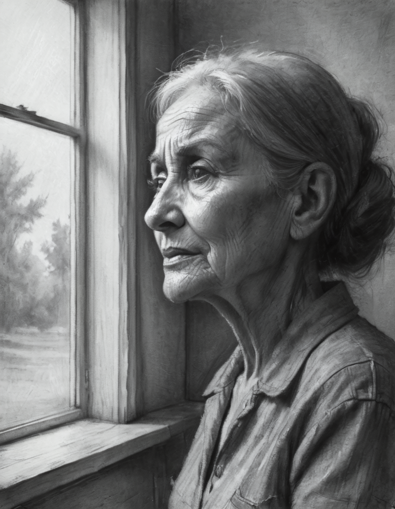 charcoal drawing an old worried woman is looking outside a window, 4k, uhd, masterpiece