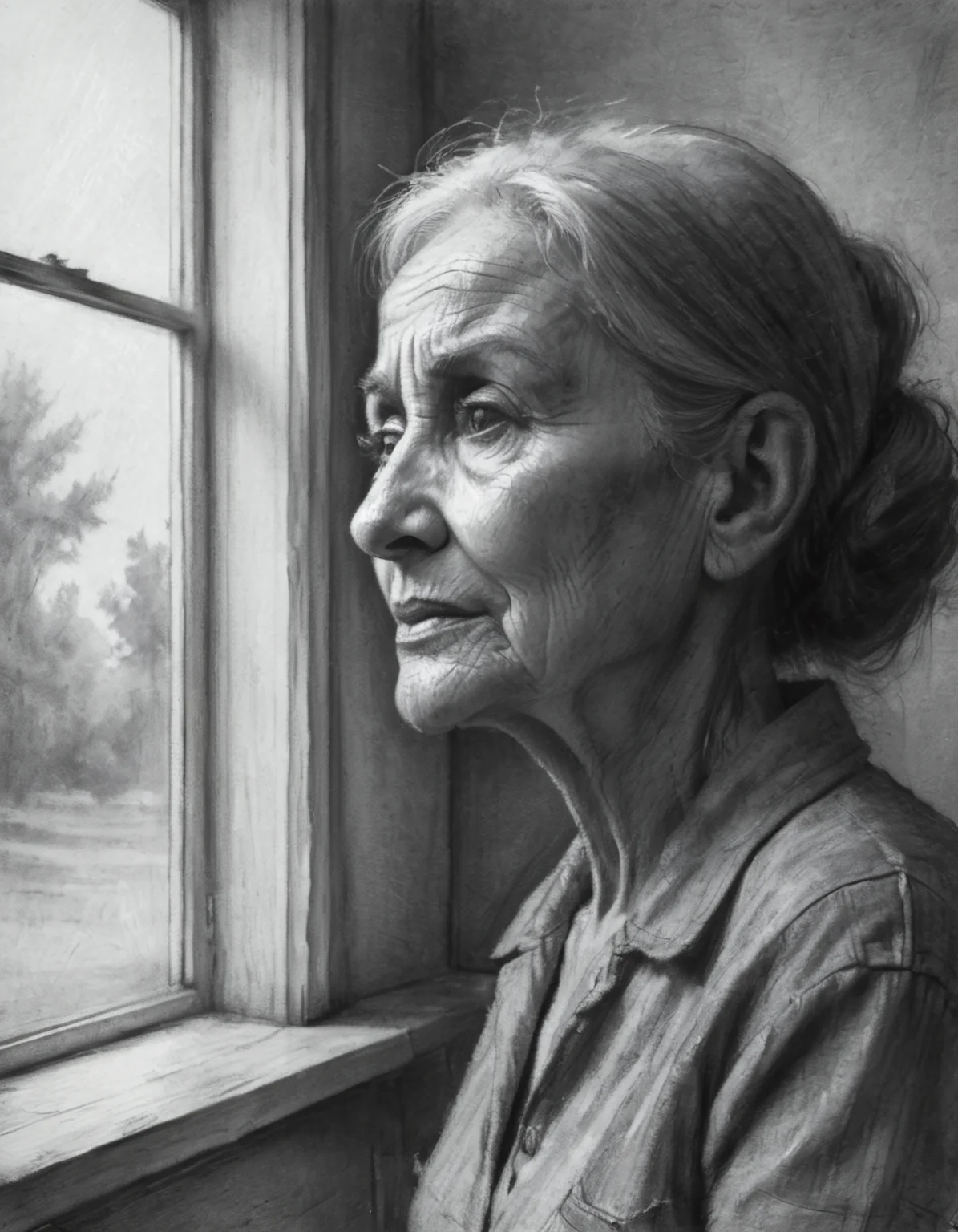 charcoal drawing an old worried woman is looking outside a window, 4k, uhd, masterpiece