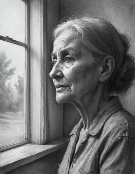 charcoal drawing an old worried woman is looking outside a window, 4k, uhd, masterpiece
