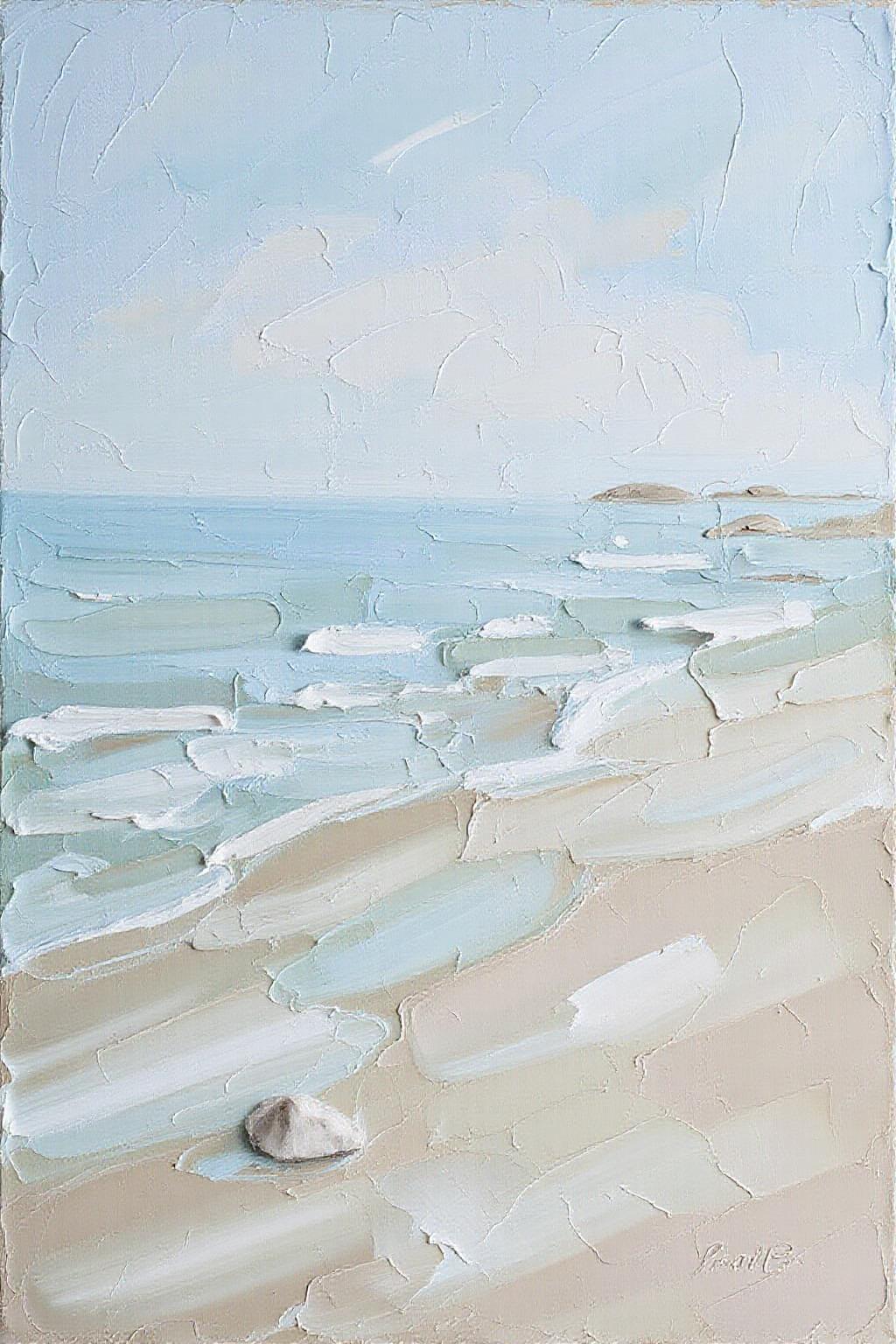 impasto oil painting. 
a serene, minimalist beach scene with soft, clean lines and a muted color palette of sandy beige, pale blue, and white. The horizon is a simple division between sky and sea, with the ocean stretching out in gentle, subtle waves. A single, smooth rock or a delicate seashell rests on the empty shore, adding a touch of detail to the simplicity. The sky is clear, with a faint gradient from soft blue to white at the horizon. The composition exudes calmness and balance, emphasizing open space and tranquility. <lora:impasto_nocap_d6a3:1.0> <lora:Flux-Sch-SingleBlocks-BF16:1.0><lora:802453178558953594:0>