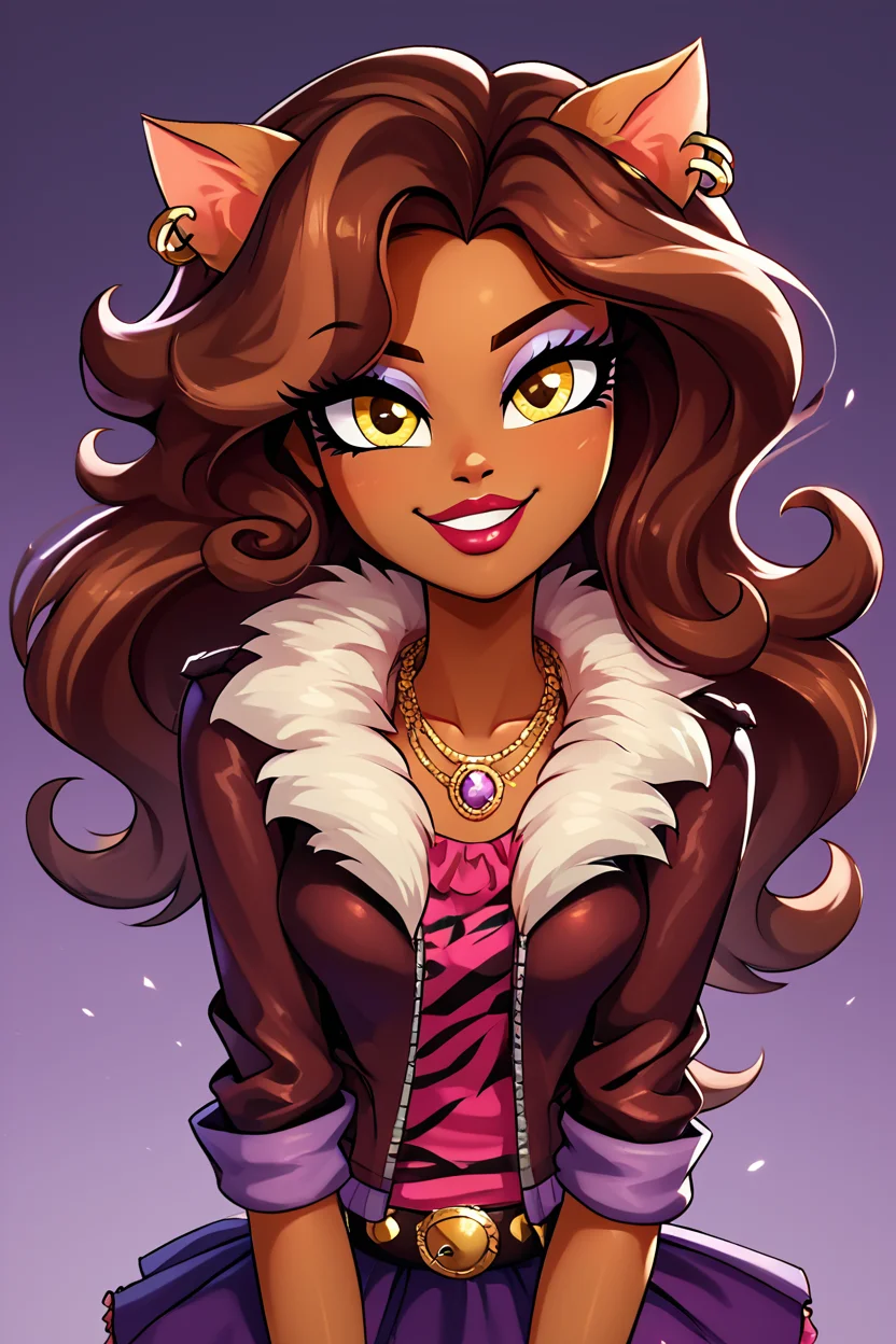 score_9, score_8_up, score_8, medium breasts, (curvy), cute, eyelashes, BREAK, , zzClawdeen, long hair, brown hair, dark skin, animal ears, yellow eyes, jewelry, earrings, makeup, lipstick, eyeshadow, jacket, skirt, belt, necklace, <lora:Clawdeen_MH_PDXL:0.8>, , BREAK, looking at viewer, ,,, smile, upper body, leaning forward, head tilt, ,,, embedding:zPDXL, Expressiveh, ,,, <lora:theButcherXPDXL:0.8>, <lora:CatalystStylePDXL:0.6>, <lora:SDXLFaeTastic2400:0.5>, <lora:Expressive_H-000001:0.4>,