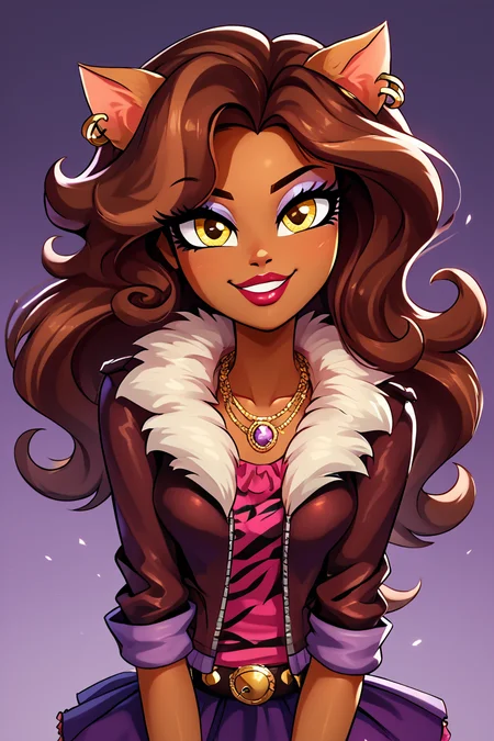 score_9, score_8_up, score_8, medium breasts, (curvy), cute, eyelashes, BREAK, , zzClawdeen, long hair, brown hair, dark skin, animal ears, yellow eyes, jewelry, earrings, makeup, lipstick, eyeshadow, jacket, skirt, belt, necklace, <lora:Clawdeen_MH_PDXL:0.8>, , BREAK, looking at viewer, ,,, smile, upper body, leaning forward, head tilt, ,,, embedding:zPDXL, Expressiveh, ,,, <lora:theButcherXPDXL:0.8>, <lora:CatalystStylePDXL:0.6>, <lora:SDXLFaeTastic2400:0.5>, <lora:Expressive_H-000001:0.4>,