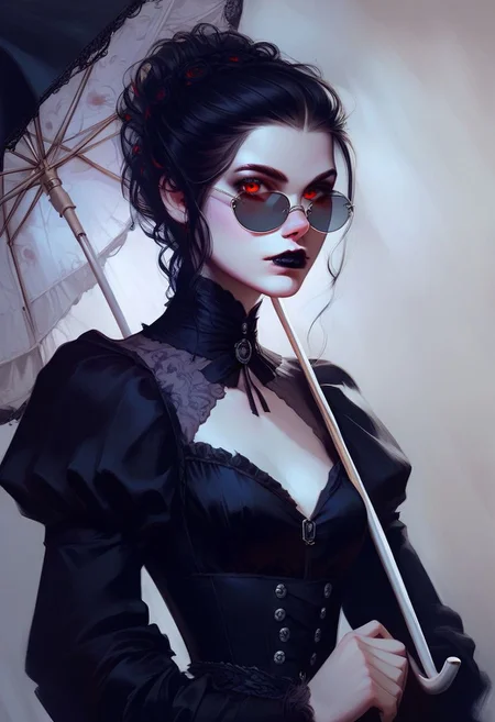 score_9, score_8_up, score_8, score_7_up, score_7, rating_safe, 1girl, red eyes, vampire, elaborate hair bun, black hair, small round sunglasses, medium breasts, black Victorian goth dress, (sexy:1.6), skinny, aroused, standing, head tilted, holding parasol, looking at viewer, Victorian street