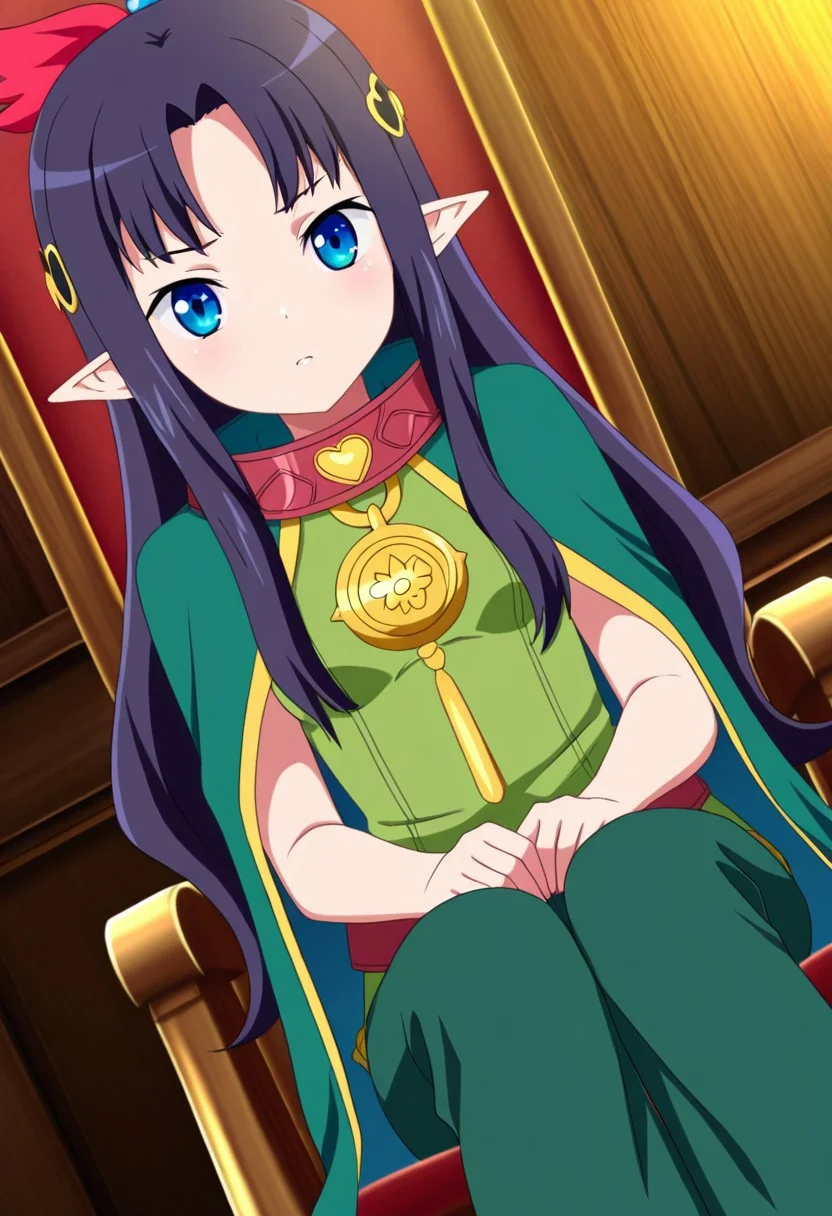 general,highres, ultra-detailed,very aesthetic,best quality ,best hands,best eyes,easynegative,
dynamic anglre, dutch angle, anime cloring,anime screencap,
1girl solo,looking at viewer,indoors, sitting on chair, 
Yuit,black_hair, long_hair, blue_eyes, pointy_ears, hair_ornaments,small breasts, short body, petite,green cloak, green shirt, green pants,