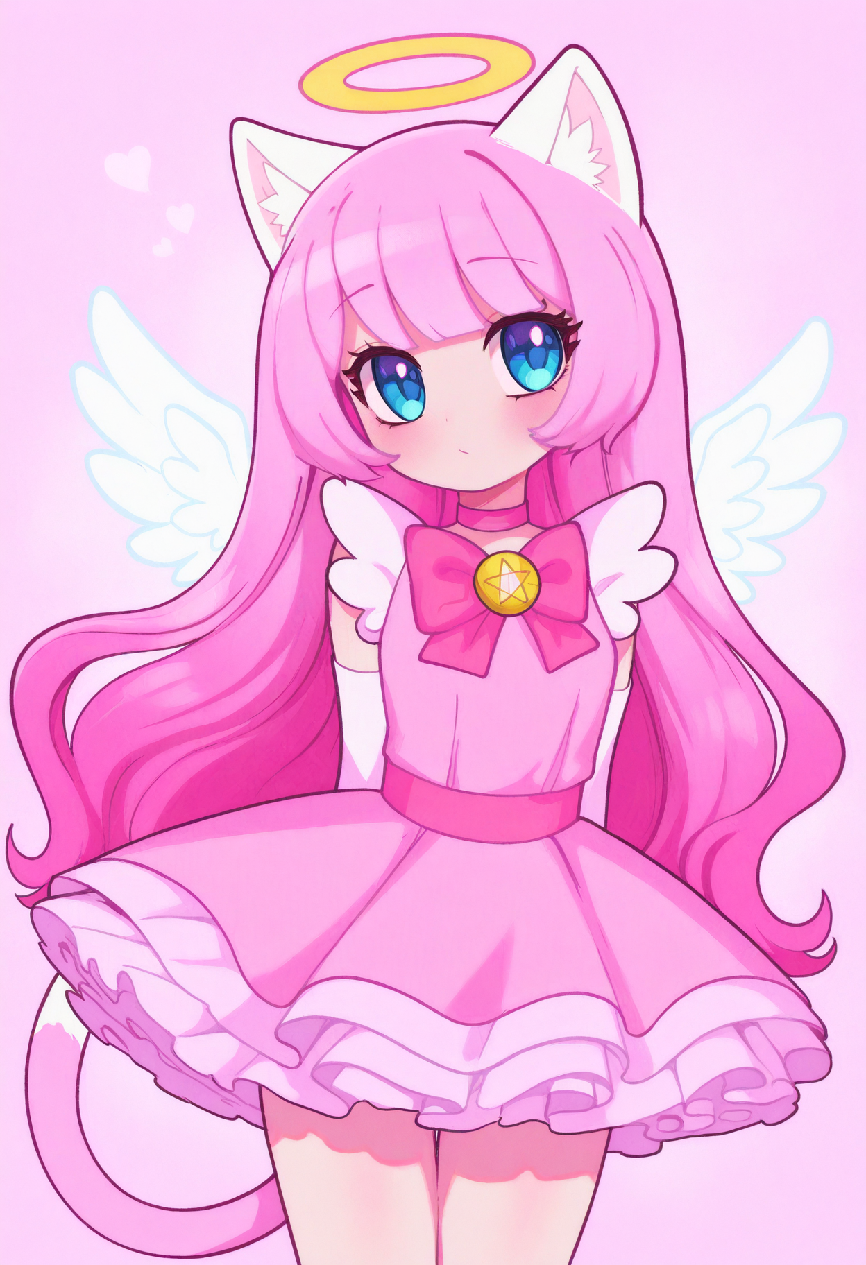 best quality, amazing quality, very aesthetic, absurdres, BREAK
1girl, angel wings, animal ears, blue eyes, cat ears, cat girl, cat tail, dress, long hair,
looking at viewer, magical girl, pink hair, pink theme, solo, tail, wings, yume kawaii, yume ne, <lora:NivarisNoob_byKonan:1>