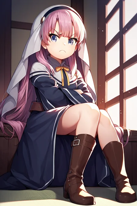 score_9, score_8_up, score_7_up, score_6_up, rating_safe, source_anime, best quality, masterpiece, detailed eyes, indoors, sitting, pout, <lora:satou-hina-xl-04:1.2>, satou hina, kamisama robes, white cowl, brown boots, pout, arms crossed, angry eyebrows, cowboy shot, bare legs, small breasts,