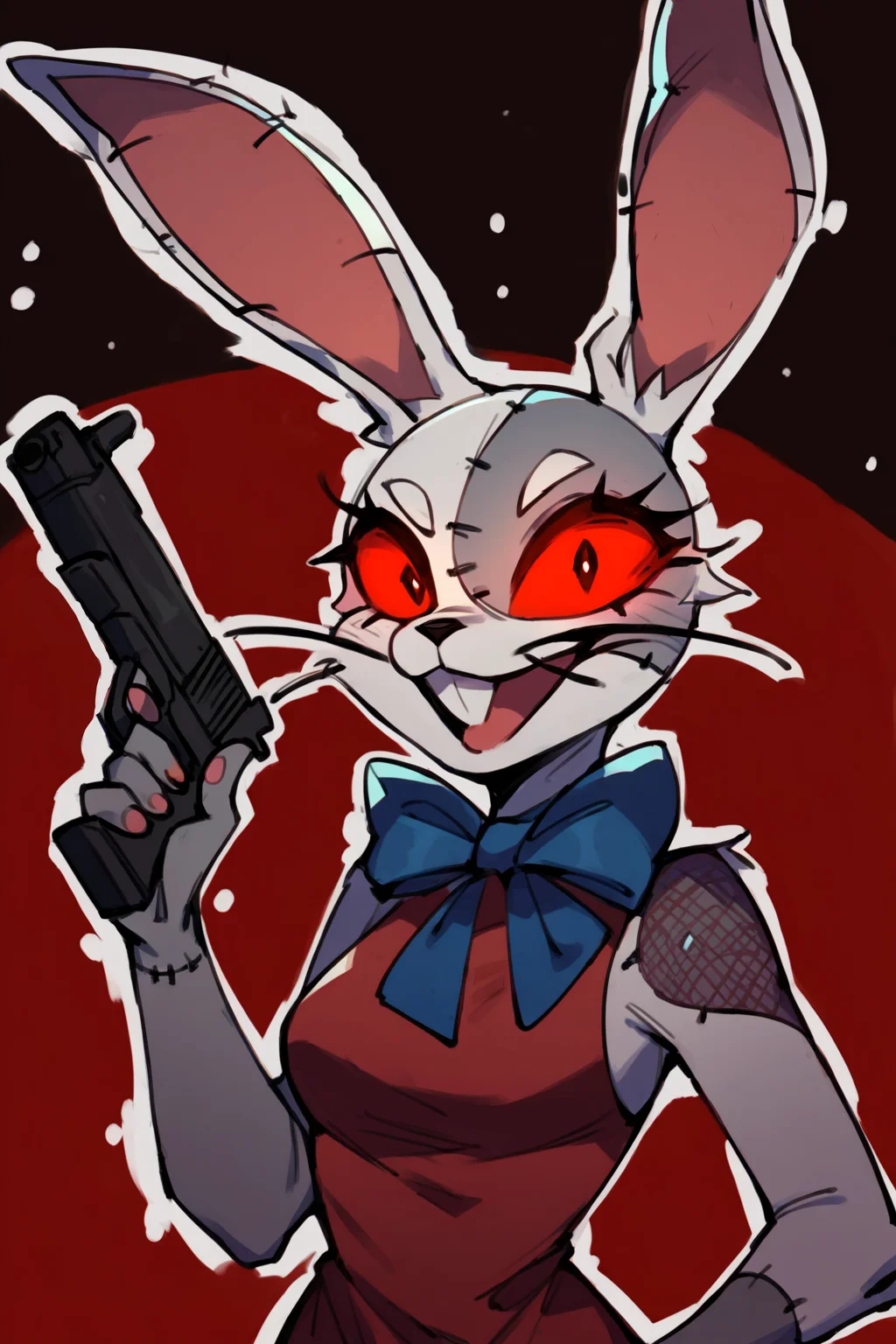 score_9, score_8_up, score_7_up, score_6_up, score_5_up, score_4_up, <lora:Vanny_Pony:1> vanny, patchwork costume, black pupils, red sclera, red dress, holding gun, 1girl, whiskers, menacing, dark background, looking at viewer, glowing eyes, white outline