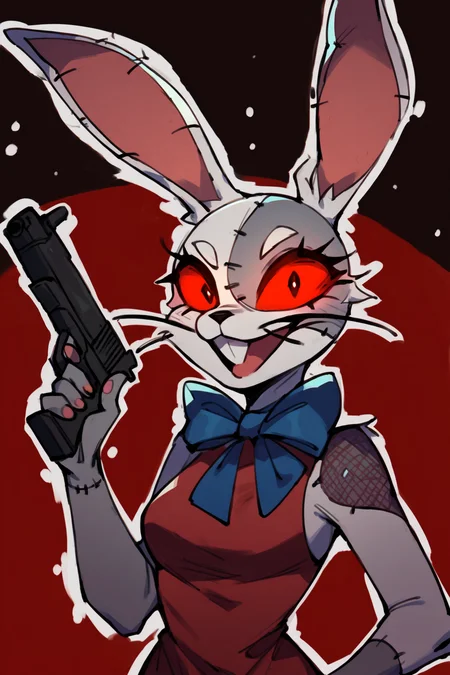 score_9, score_8_up, score_7_up, score_6_up, score_5_up, score_4_up, <lora:Vanny_Pony:1> vanny, patchwork costume, black pupils, red sclera, red dress, holding gun, 1girl, whiskers, menacing, dark background, looking at viewer, glowing eyes, white outline