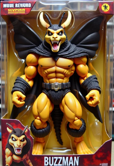 This photograph captures the packaging for a detailed anthropomorphic macho bee named "BUZZMAN" action figure. Buzzman is an extremely muscular superhero, depicted as a grizzly action hero. He has black eyes and is making a furious expression. Wings are included in the box as accessories.