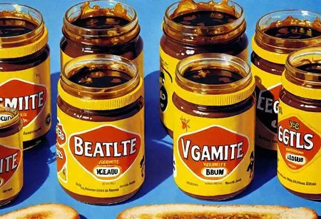 VegemiteArt, Beatles album cover by Peter Marks, Surrealism, Pop Art, Jars of Vegemite on a Yellow Submarine, OseaDuskIsland CS-OBG , 1960s album cover art, Vegemite spread memecore art FobEnd