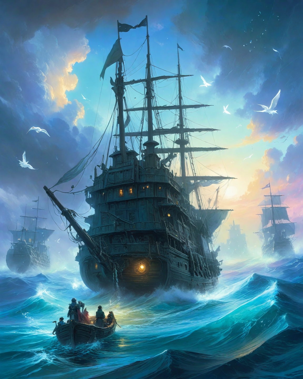 ethereal fantasy concept art of  anime artwork mutinous midnight decks where black spot-marked crewmen whisper of ghost fleet rendezvous points under storm-predicting albatross flocks, Art painting by Antonio J. Manzanedo and John Howe , ,
<lora:Wild_Anime_2025:0.3>,
<lora:extremely_detailed:0.7> extremely detailed ,
<lora:add-detail-xl:0.7>,
<lora:ppw_v7_animv4_1_r2:0.15>,
<lora:Vivid Midjourney mimic - XL SDXL v2.0:0.5> . anime style, key visual, vibrant, studio anime,  highly detailed . magnificent, celestial, ethereal, painterly, epic, majestic, magical, fantasy art, cover art, dreamy