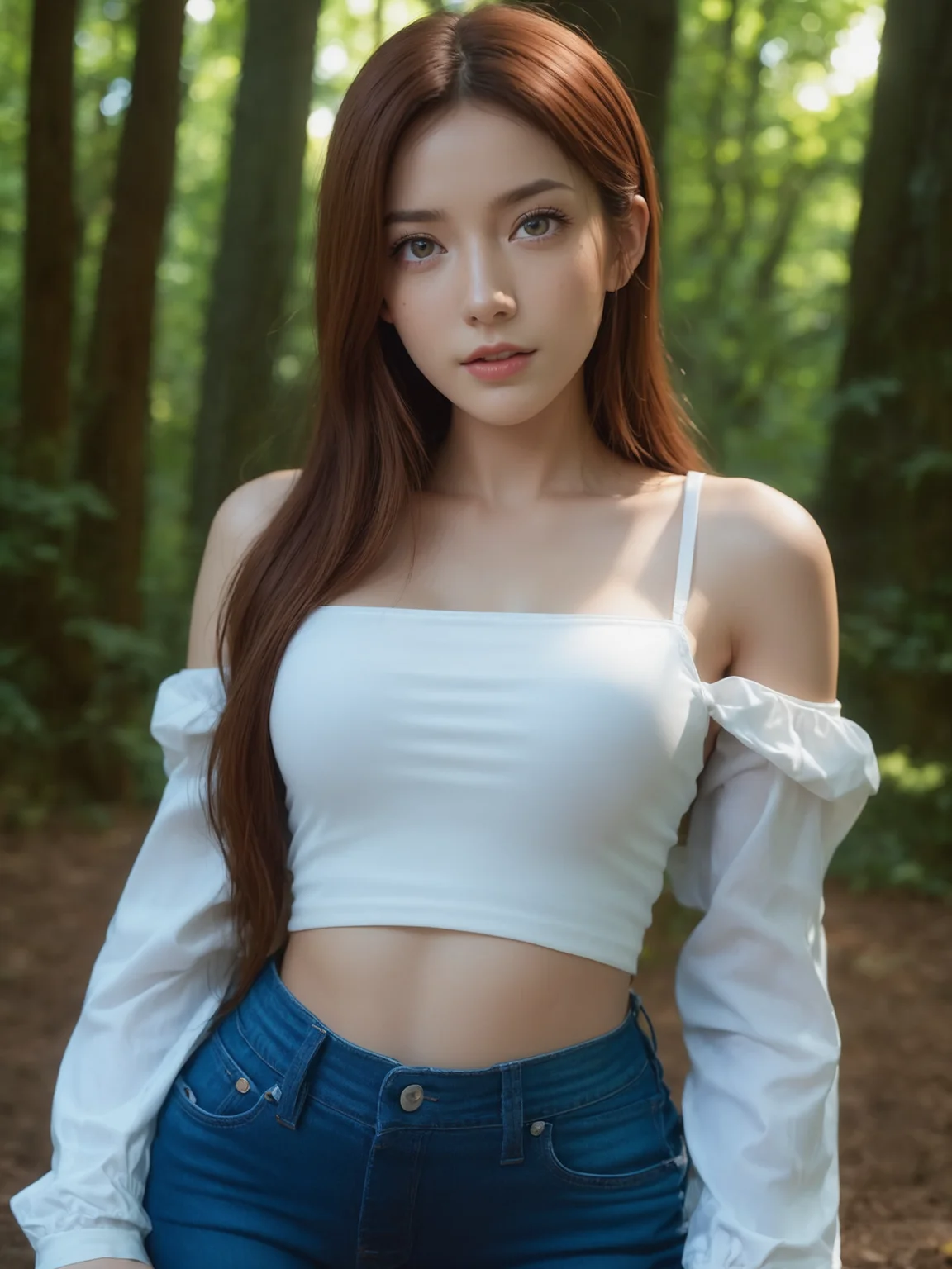 cinematic photo {sll,zls,ssyy,looking at camera ,forest,darkness,night,white crop top and low-rise jeans,sunbeam,hair accessories} ,upper body,symmetry eyes,
35mm photograph,(realistic),high quality,highres,professional,4k,highly detailed,professional,realistic photograph,(posing for picture:2),(detailed skin texture:2)
<lora:LoRA-mix-sdxl-v3:0.15>  <lora:PrgXL_V1:0.75>
