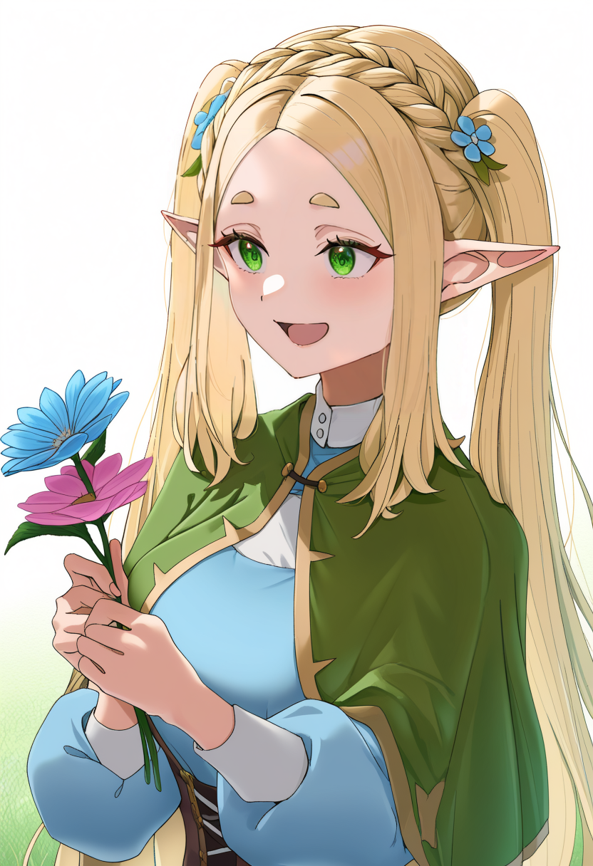 masterpiece, best quality, 1girl, 
hair over shoulder, hair between eyes, crown braid, puffy long sleeves, sidelocks, looking away, pink flower, holding flower, elf, open mouth, long hair, capelet, green eyes, blonde hair, hair flower, upper body, blue shirt, smile, blue flower, long sleeves, green capelet, shirt, parted bangs, puffy sleeves, braid, pointy ears, twintails, flower, forehead, thick eyebrows, short eyebrows, hair ornament, holding
 <lora:akita hika:1>