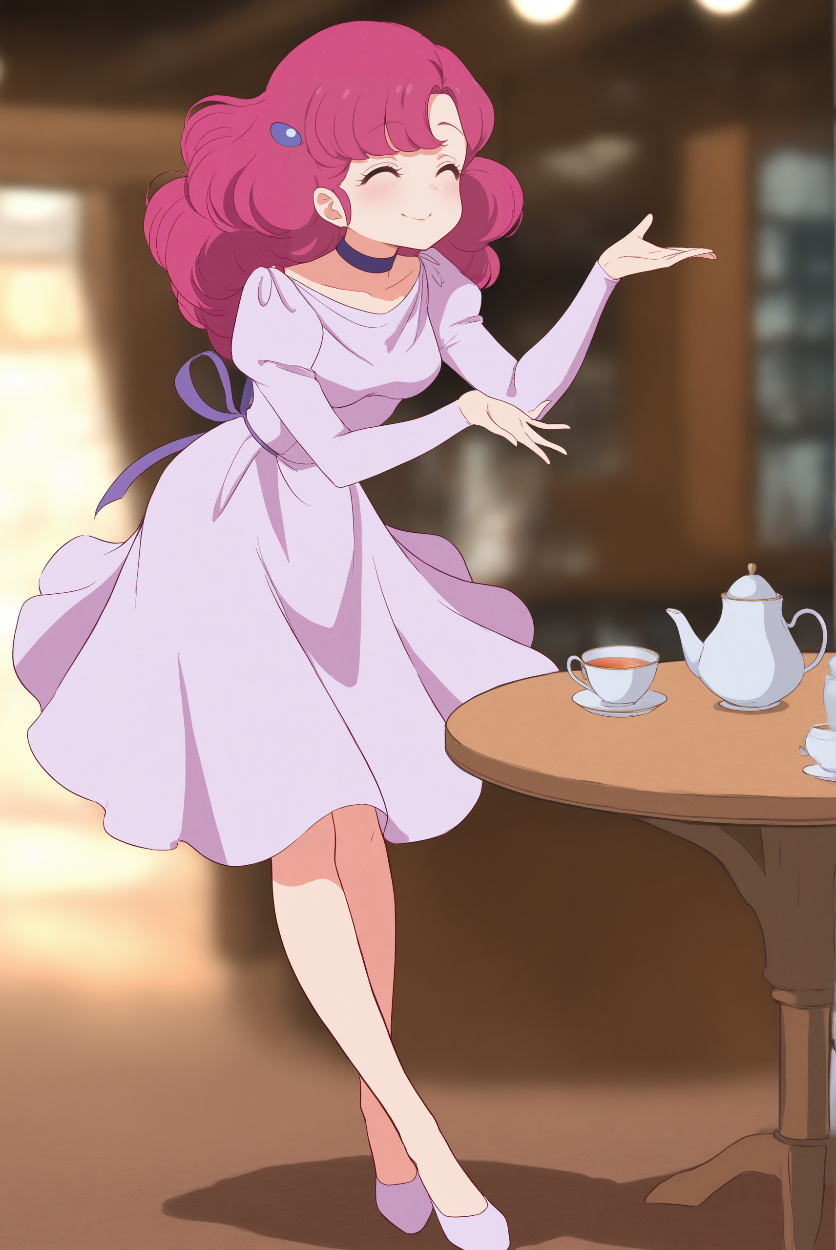 <lora:Ran V2.1:0.8> Ran, pink eyes, curly hair, pink hair, bangs, retro artstyle, 1980s (style), JulietDress, choker, neck ribbon, hair ornament, hairclip, juliet sleeves, light purple dress, long sleeves, 
^_^, erotic pose, full body, looking at nothing, (1girl:2, solo:2), 
masterpiece, best quality, very aesthetic, absurdres, amazing quality masterpiece, hyper-detailed, (8k uhd::1.4), intense atmosphere, detailed clothing, dramatic lighting, (perfect hands), detailed face, 
table, tea, teacup, tea set, cafe, holding teacup,