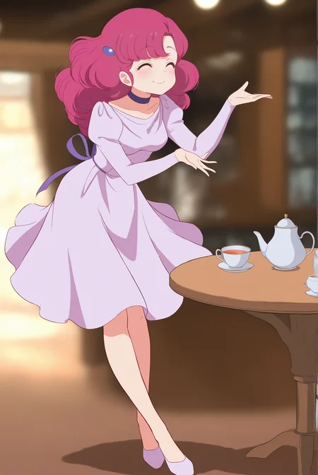<lora:Ran V2.1:0.8> Ran, pink eyes, curly hair, pink hair, bangs, retro artstyle, 1980s (style), JulietDress, choker, neck ribbon, hair ornament, hairclip, juliet sleeves, light purple dress, long sleeves, 
^_^, erotic pose, full body, looking at nothing, (1girl:2, solo:2), 
masterpiece, best quality, very aesthetic, absurdres, amazing quality masterpiece, hyper-detailed, (8k uhd::1.4), intense atmosphere, detailed clothing, dramatic lighting, (perfect hands), detailed face, 
table, tea, teacup, tea set, cafe, holding teacup,