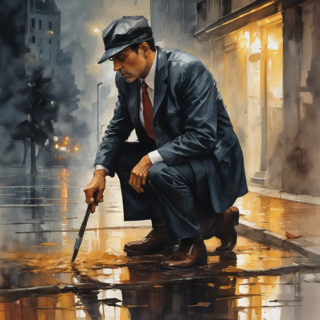 Charcoal and paint, impressionistic bidimensional biracial detective, crouched by a puddle, inspecting a crime scene. watercolor (leonid afremov:1.2) dadaistic collage (by Bill Sienkiewicz:1.5), dynamic contrasts, spotlight effect, alcohol and gold leaf highlights. Very detailed.