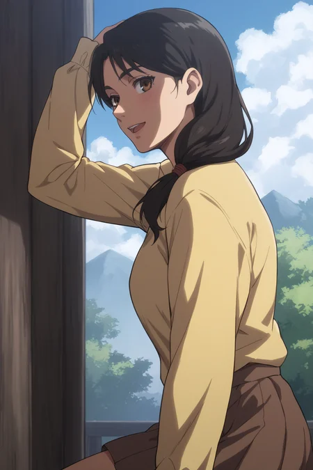 score_9, score_8_up, score_7_up, BREAK source_anime, <lora:carla yeager-PonyXL-lora-Faxtron:0.8> carla yeager, tucked-in yellow shirt, long sleeves, brown skirt,