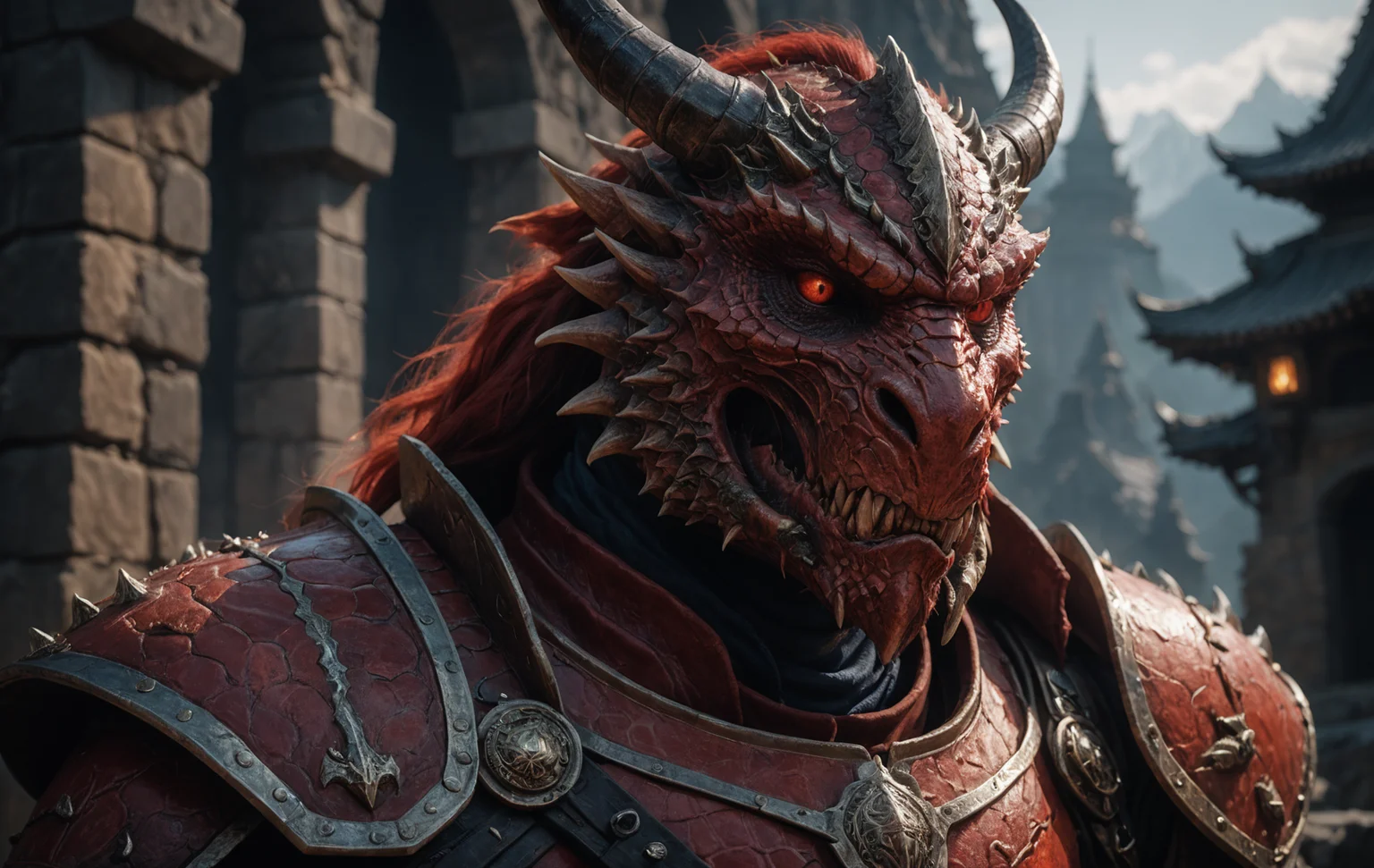 cinematic film still, close up, photo of a red Dragonborn, in the style of hyper-realistic d&d, full plate, sony fe 12-24mm f/2.8 gm, close up, 32k uhd, light navy and light amber, kushan empire, amazing quality, wallpaper, analog film grain <lora:aesthetic_anime_v1s:0.5> <lora:add-detail-xl:1.1>